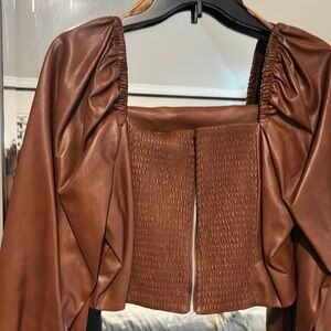 Leather look alike Long sleeve blouse-LARGE
